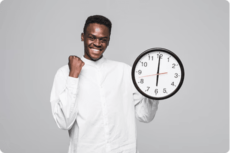 Man with clock showing flexibility